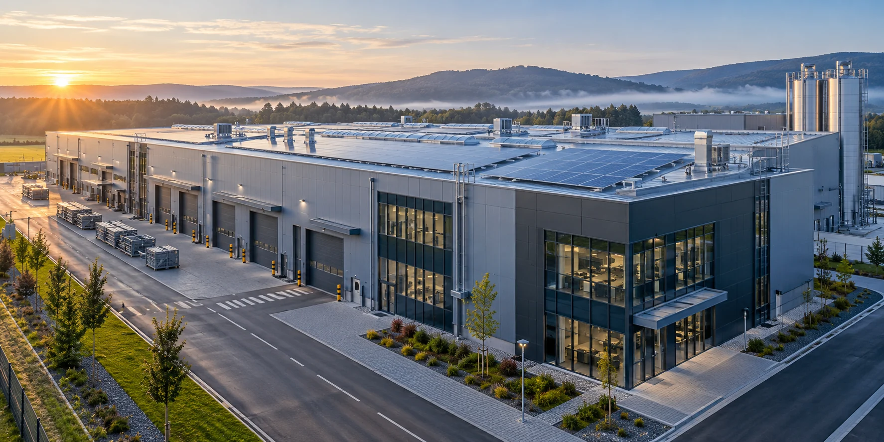 remaks-company-new Industrial facility with steel structure and rooftop solar panels