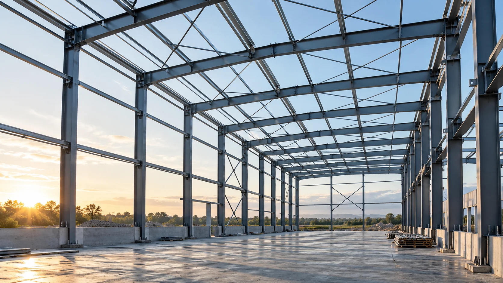 remaks-construction-new Steel frame of an industrial hall under construction