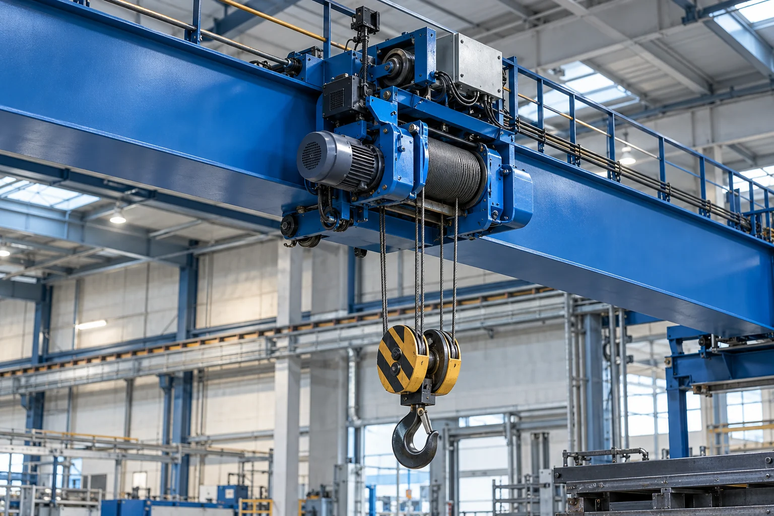 remaks-cranes-new Overhead bridge crane and electric hoist in a modern factory