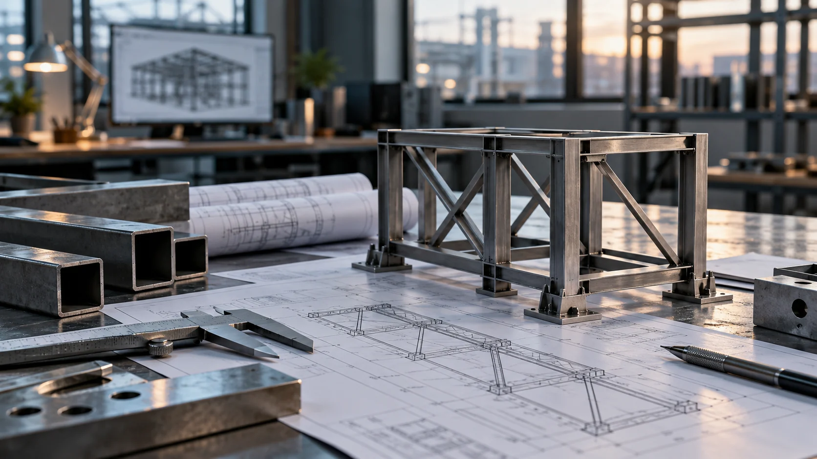 remaks-design-new Technical drawings and steel structure model on an engineering worktable