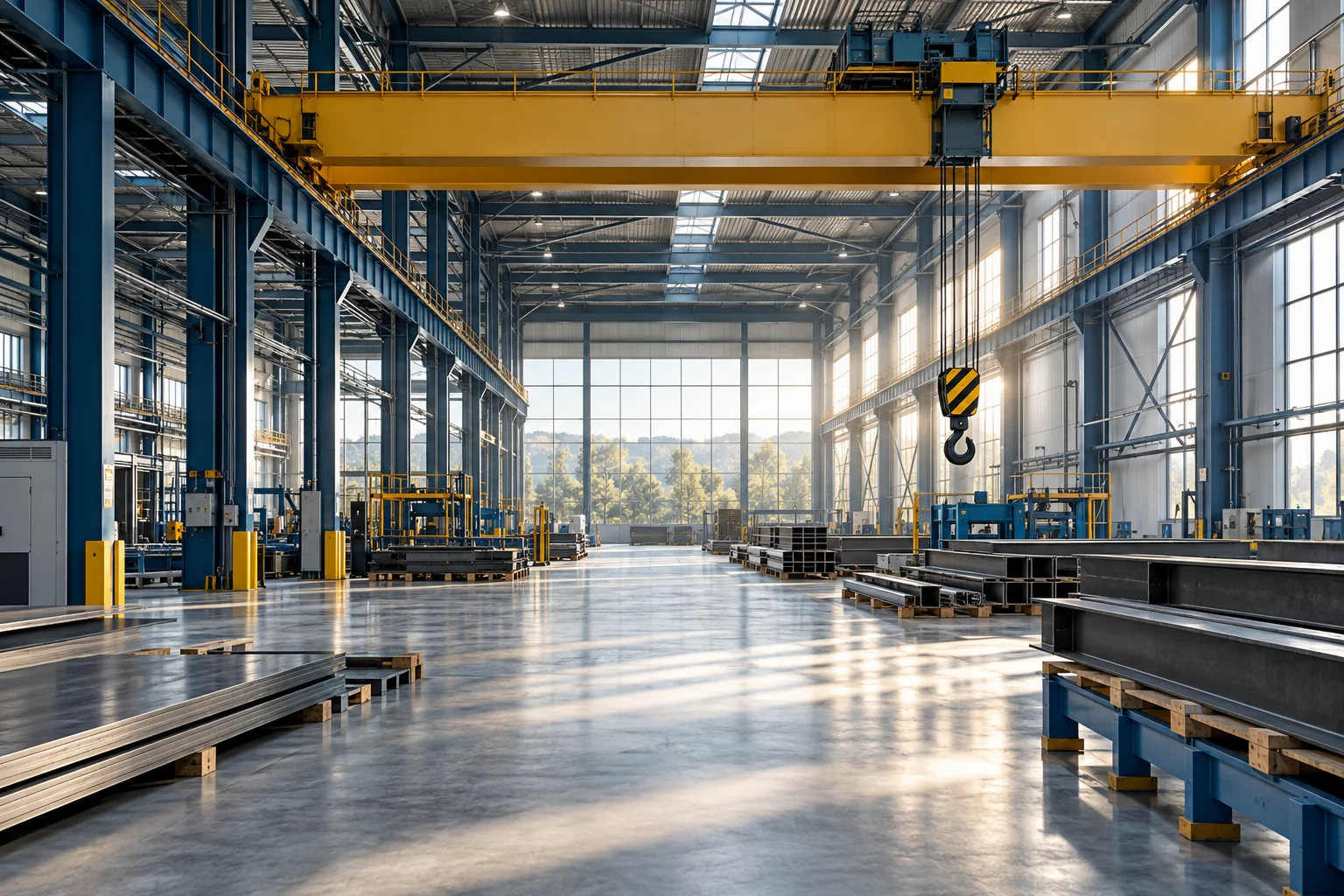 remaks-hero-new Modern industrial steel hall with overhead bridge crane