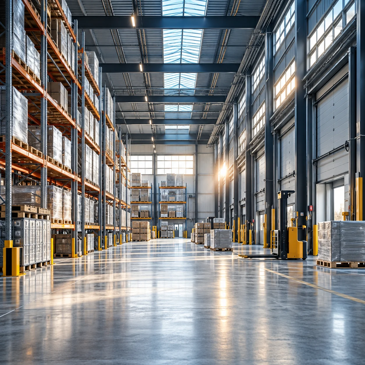 remaks-logistics-new Modern logistics warehouse with organized steel racks and loading equipment