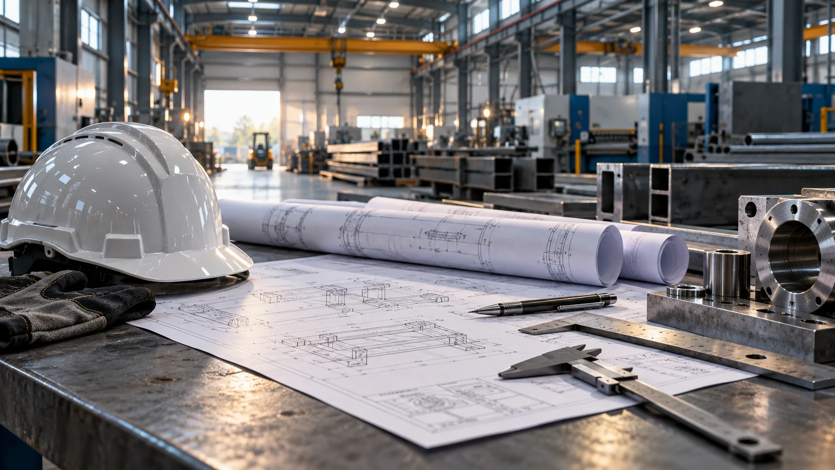 remaks-process-new Engineering plans and precision tools inside an industrial facility